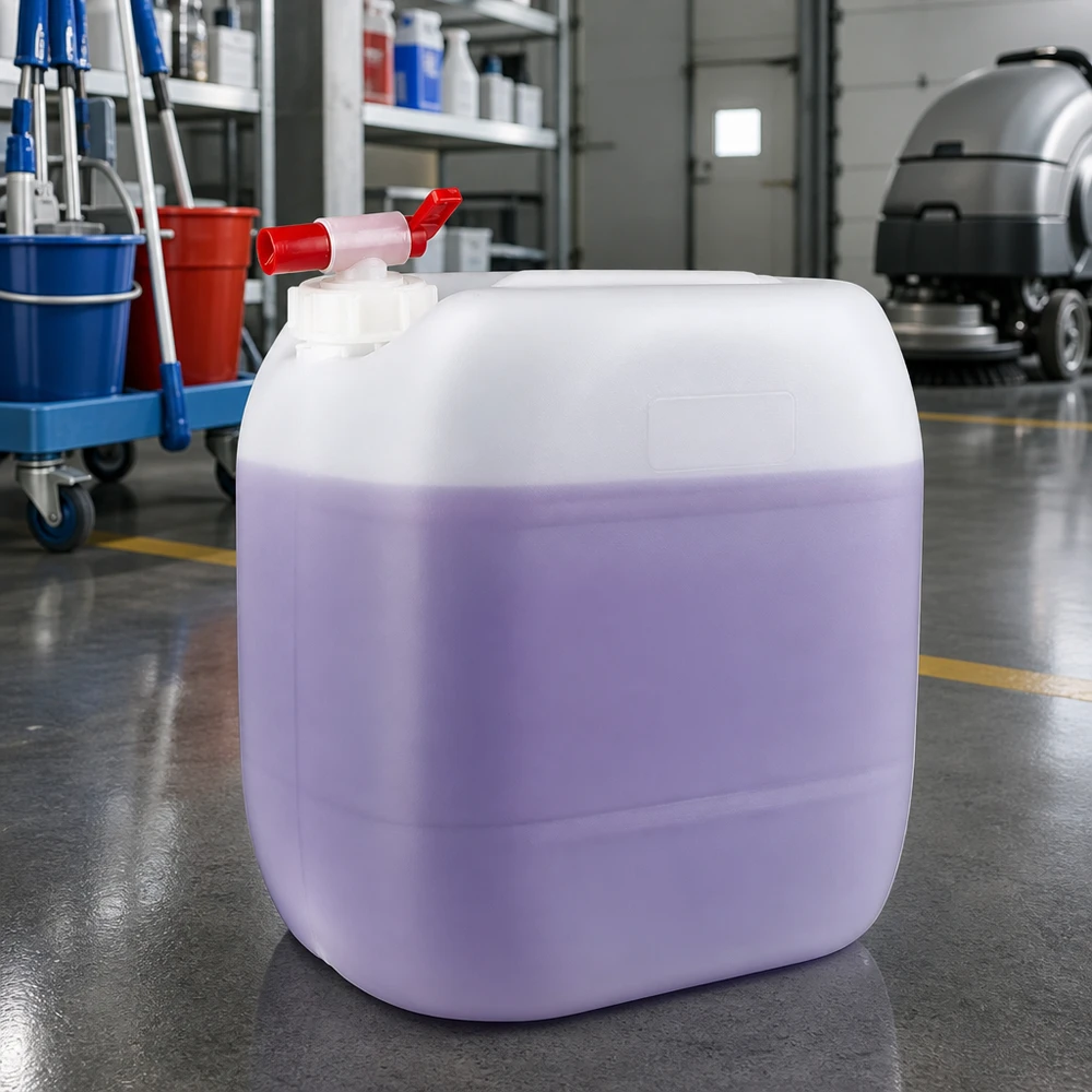 30l jerrycan met aftapkraan, UN-toelating Industriële jerrycan van 30 liter met doseerkraan, naast reinigingsmachines en schoonmaakmiddelen