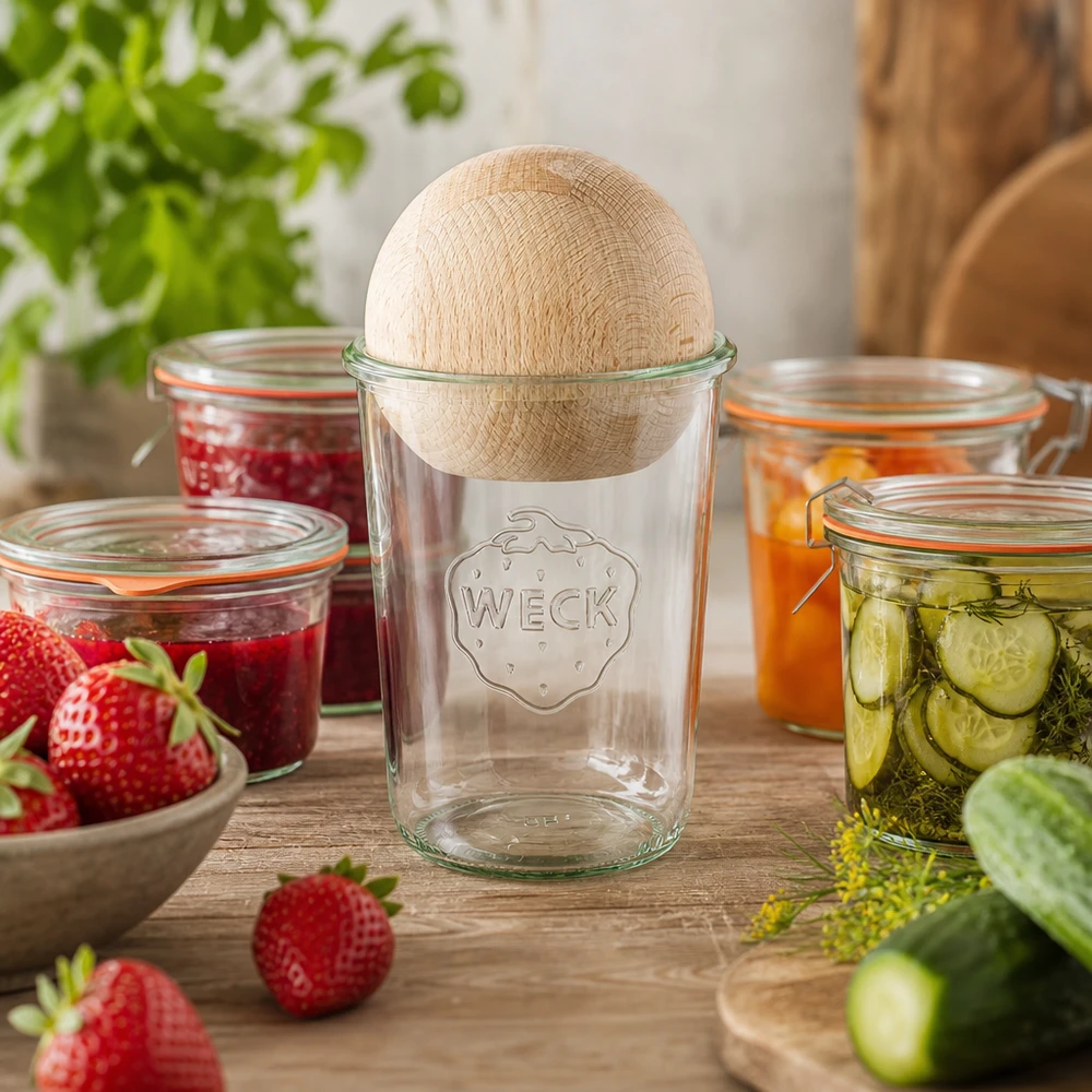 WECK tuimelpot 850ml RR100 in keukenscène met conserven, houten boldeksel van beukenhout, inmaakpot voor jam