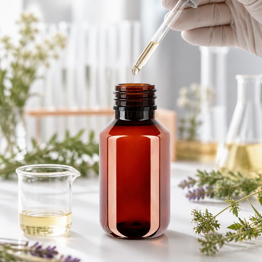 PET-fles 100ml met zwarte spuitdop OV 100ml Rundflasche PET braun mit Originalitätsverschluss für flüssige Naturprodukte