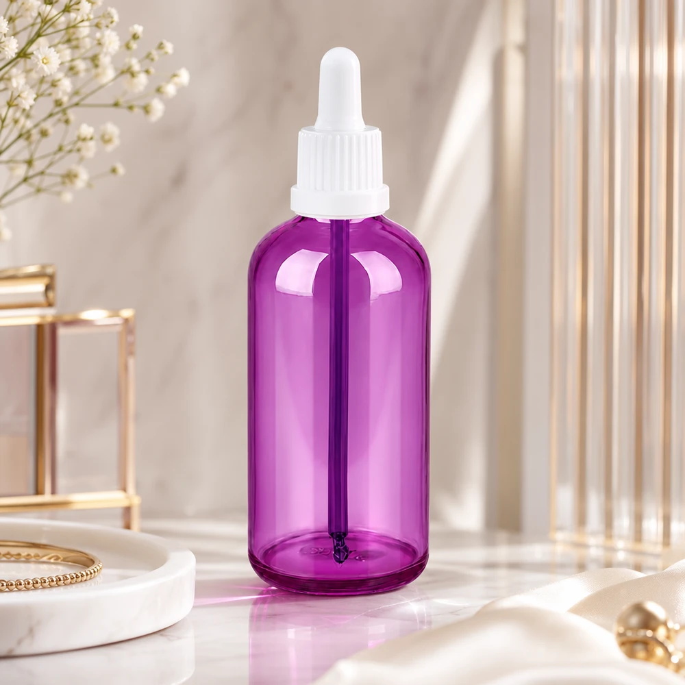 Elegante paarse pipetfles met een inhoud van 100 ml, perfect voor zelf gemengde cosmetica