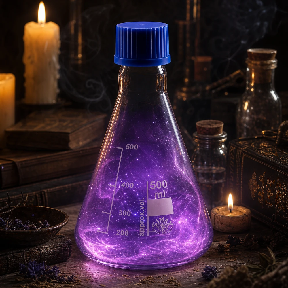 Maatkolf 500ml in Erlenmeyer vorm met blauwe plastic dop voor laboratoriumgebruik