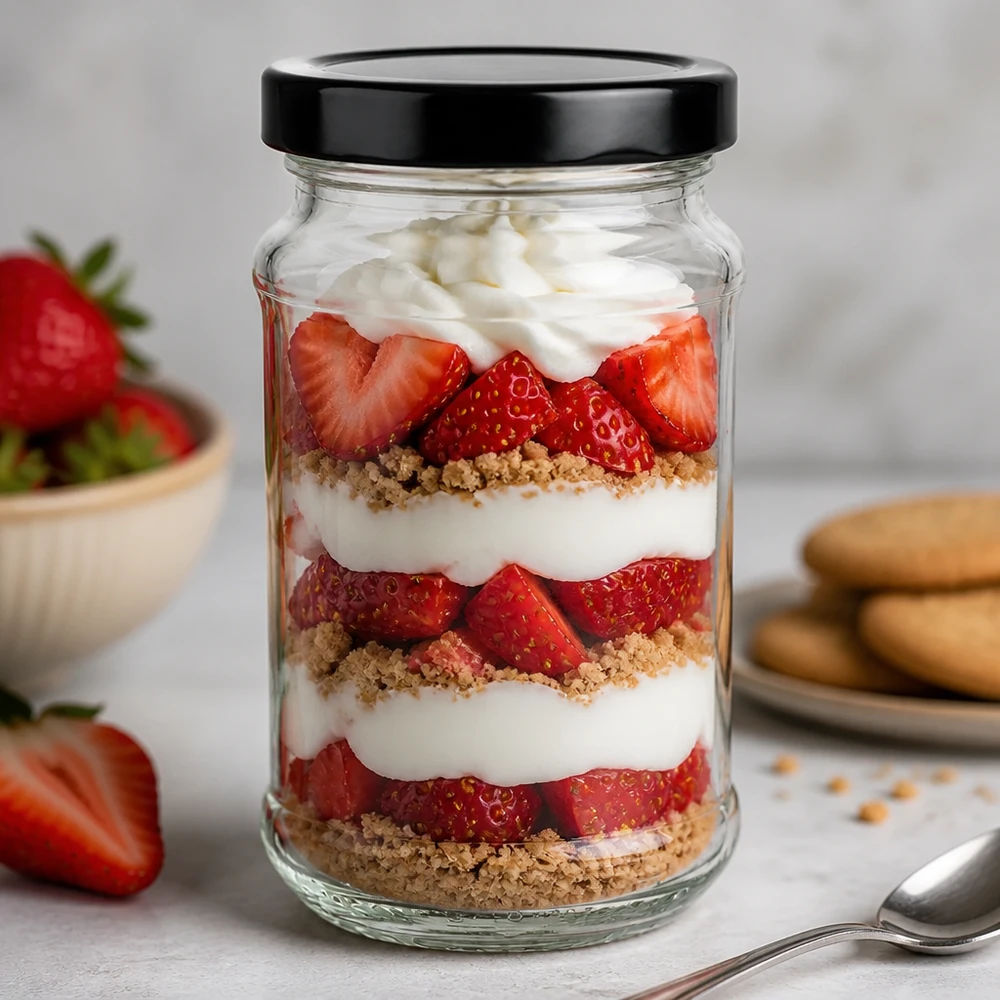 390 ml ronde pot met zwart BasicSeal deksel als dessertpot voor aardbeientrifle - perfect voor zoete lekkernijen