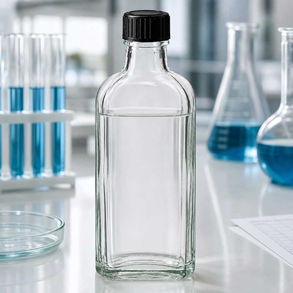 Gegroefde Meplat-glazen fles van 100 ml, helder, met zwarte schroefdop, voor chemische stoffen