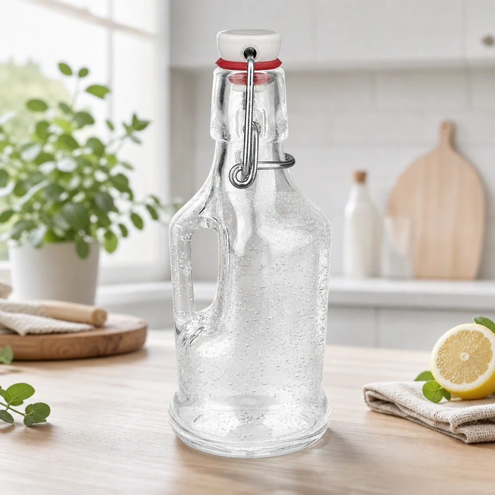 200 ml glazen fles Bertha en porseleinen beugelsluiting UNiTWIST® Lege 200ml glazen fles Bertha met waterdruppels en witte porseleinen zwenkstop op keukenblad UNiTW