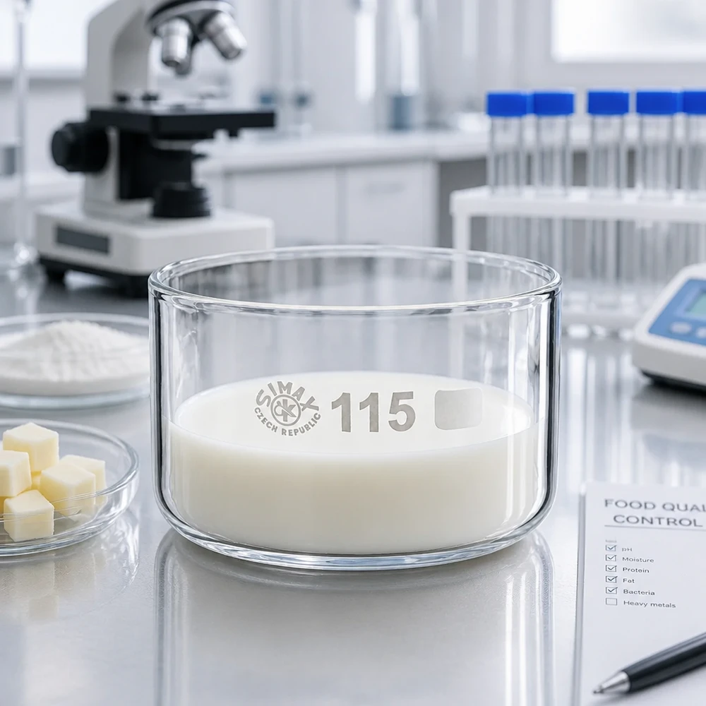 Kristalliseerschaal 500ml zonder schenktuit Doorzichtige cilindrische laboratoriumschaal van 500 ml met een melkmonster op een reflecterend stalen oppervlak