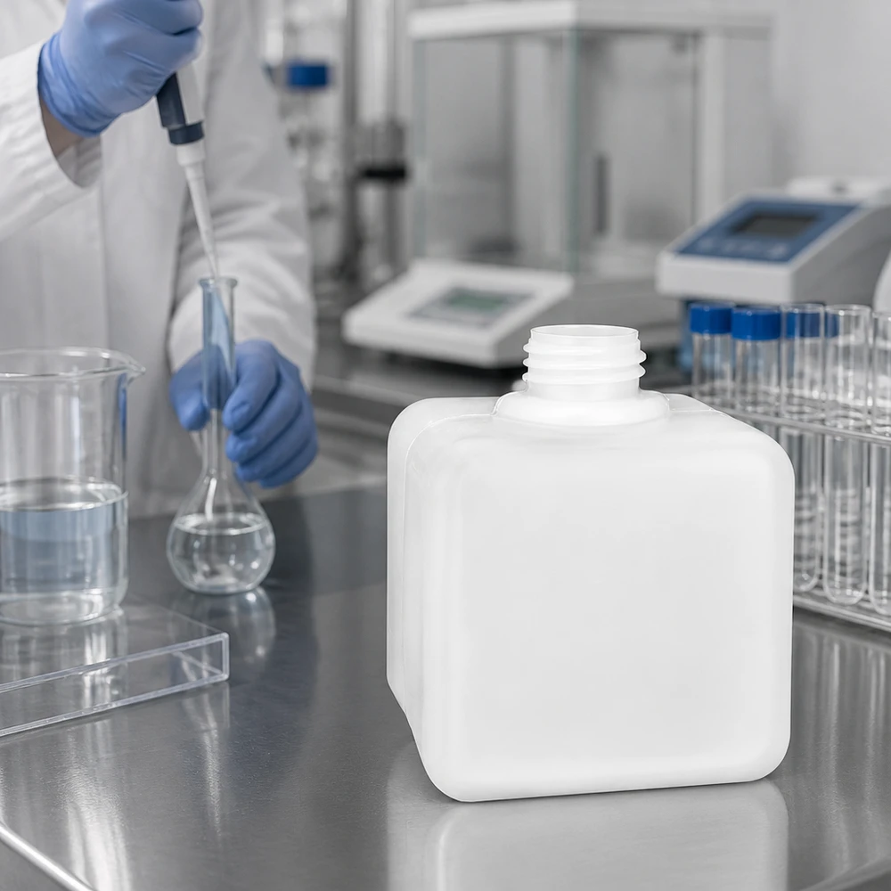 Compacte vierkante opslagfles van 500 ml, PE-HD, GL32, smalle hals, voor chemische vloeistoffen in het laboratorium