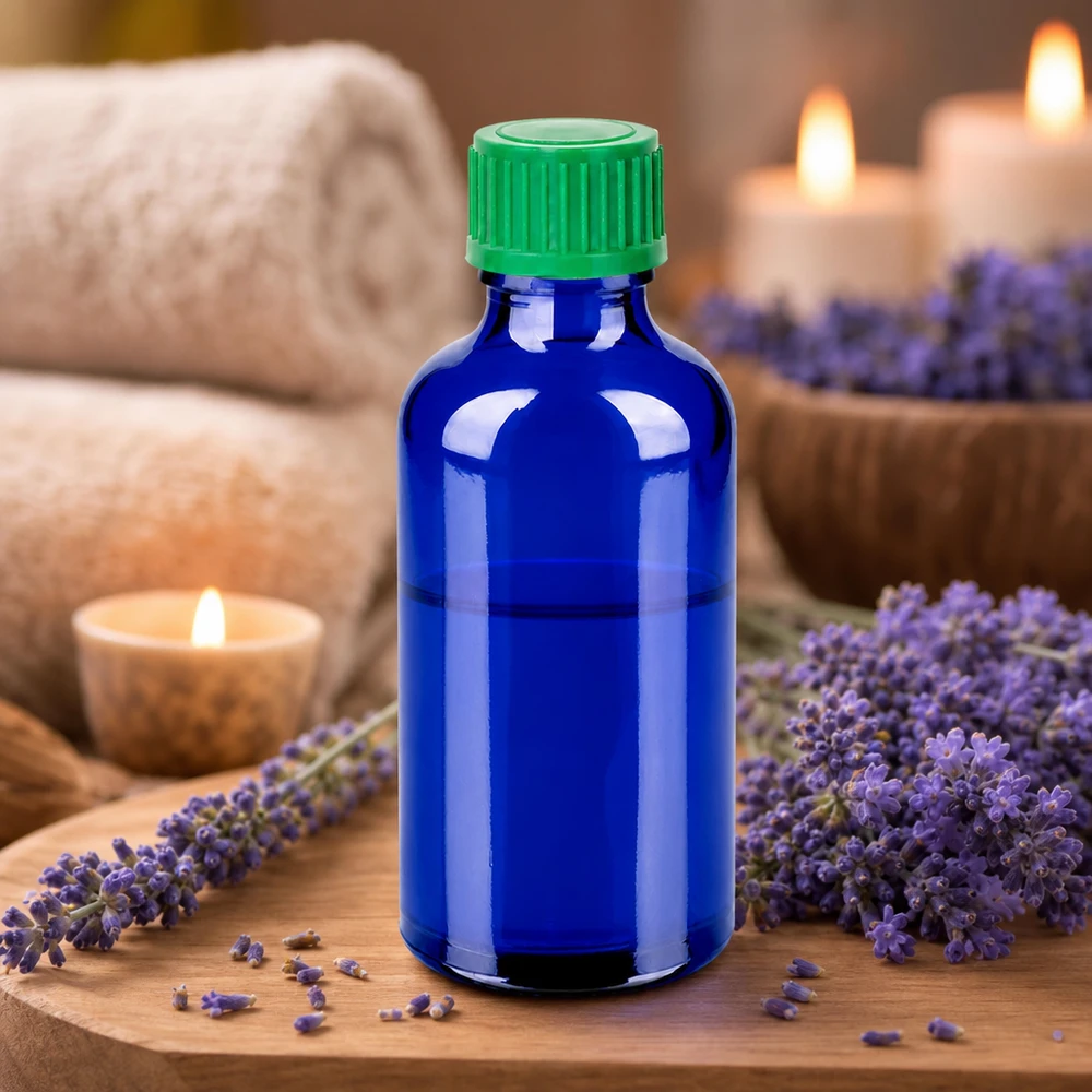 50ml glazen fles BlueLine serie met kindveilige groene dop