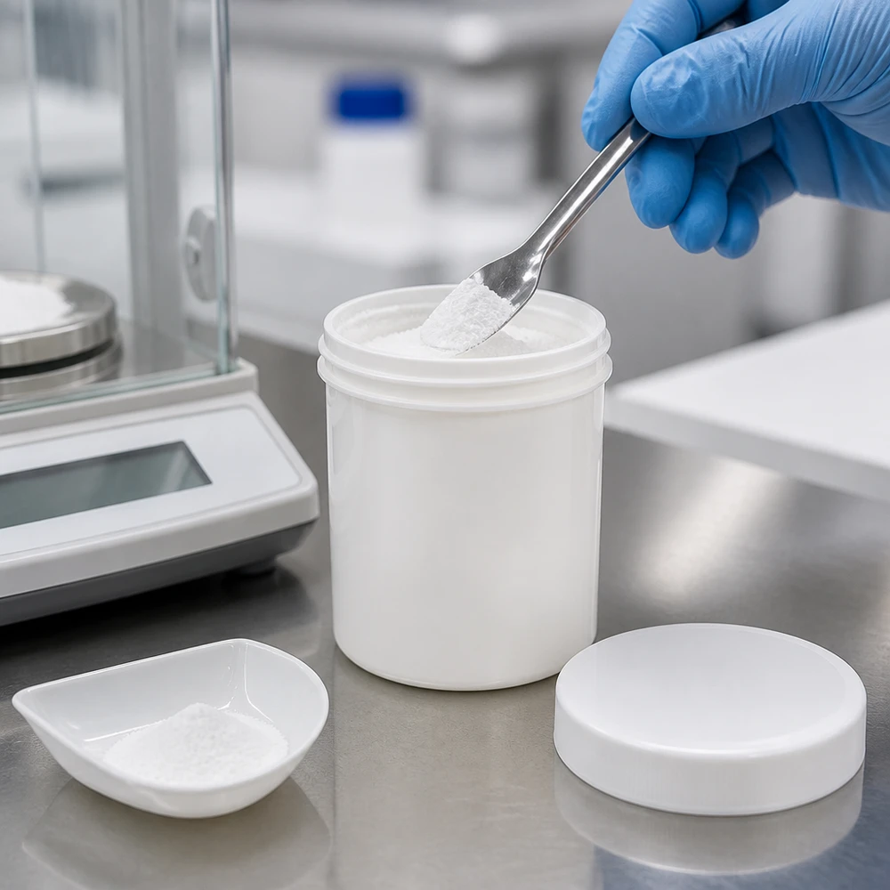 Zalfpot 250 g wit met schroefdeksel wit (PP) Een laboratoriumspatel schept wit poeder uit een geopende pot van 250 g op een roestvrijstalen oppervlak