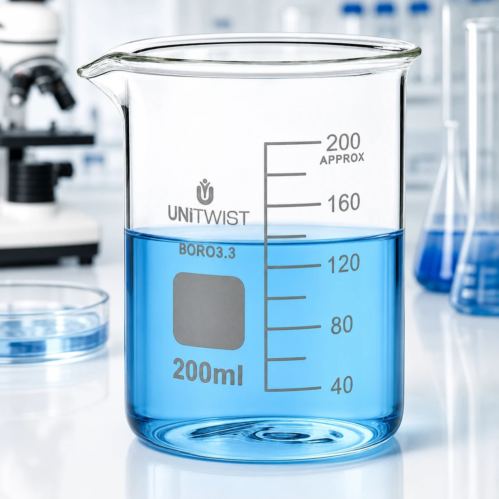 Beker 200ml borosilicaat, schimmelarm UNiTWIST UNiTWIST maatbeker van 200 ml van borosilicaatglas met opschriftveld en schaalverdeling