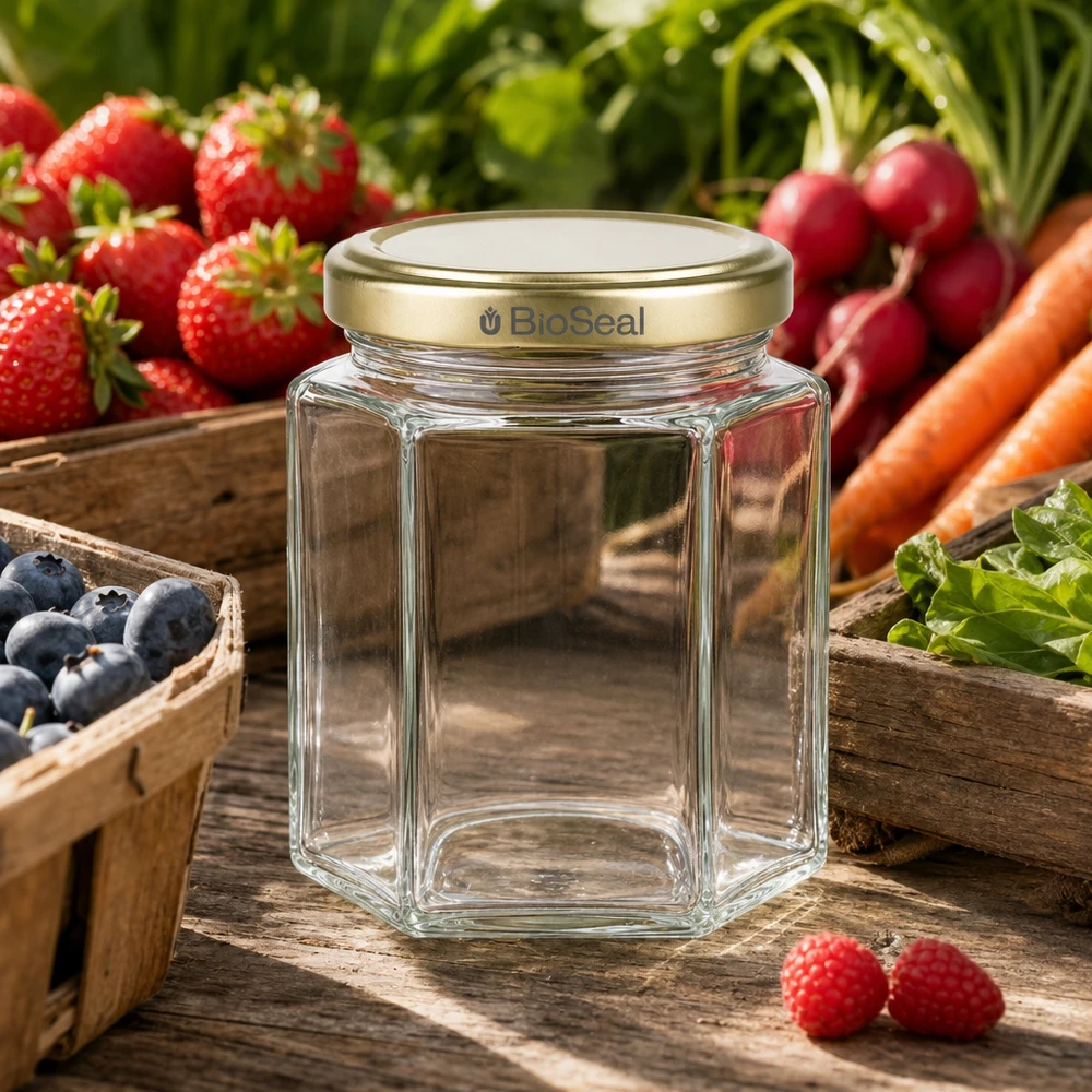 250g honingpot leeg zeshoekig BioSeal goud deksel tussen vers fruit en groenten op rustiek hout bijenteelt benodigdheden