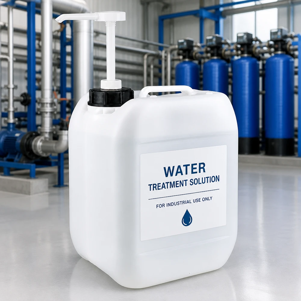 Kunststofjerrycan van 5 liter met een opgedrukt etiket voor waterbehandeling en een pomp in een industriële hal