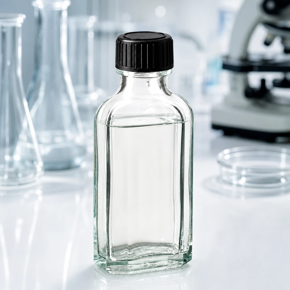 50 ml witte meplatfles met DIN 22 monding, inclusief schroefsluiting DIN 22 zwart van LKD Meplat-flesje van 50 ml, helder glas met geribbelde zwarte dop, voor gebruik in een laboratoriumomgeving
