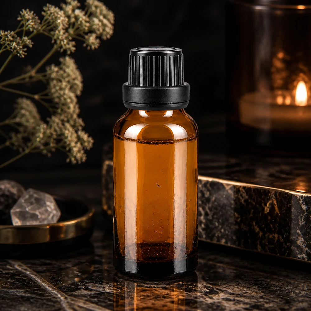 Bruine glazen fles 20ml met zwart druppelsluiting 2mm VR Bruine glazen flesje van 20 ml met zwarte kindveilige sluiting en 2 mm druppelaar van ApoGlas