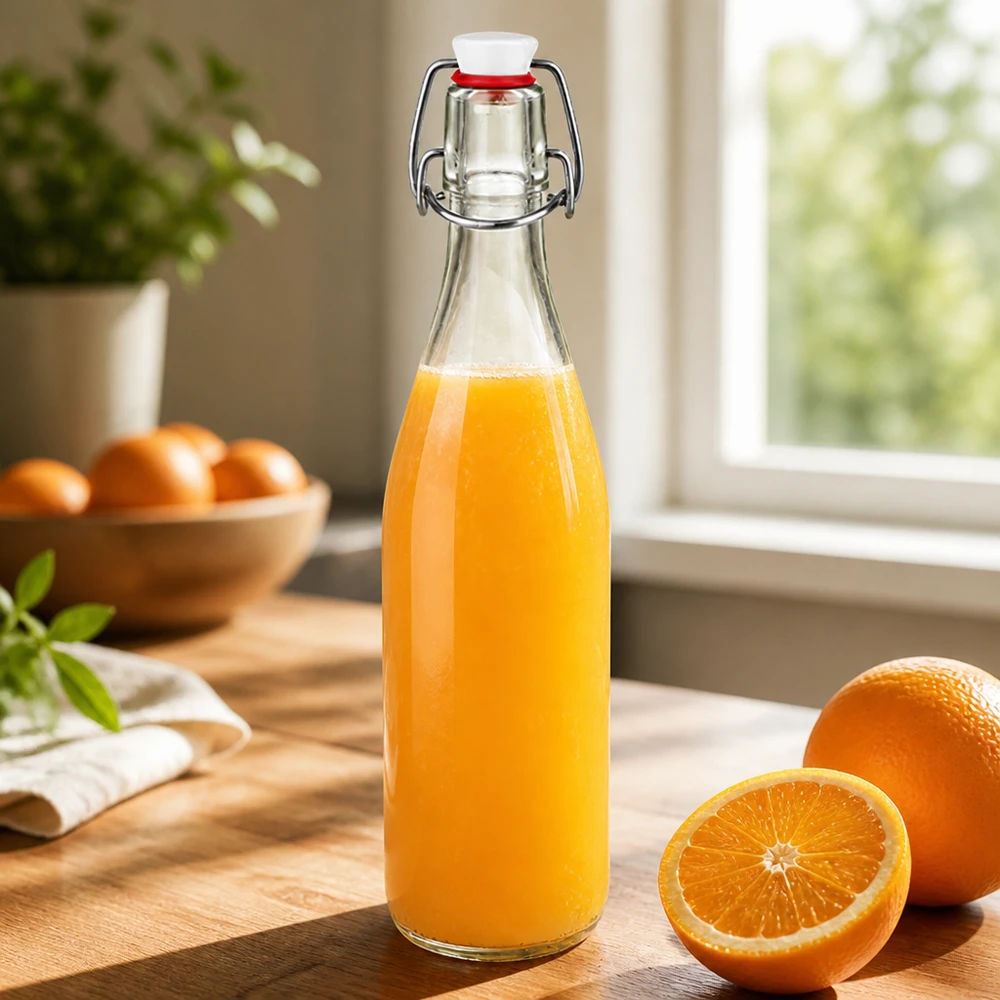 Glazen fles 500ml met draaidop gevuld met sinaasappelsap op houten plank naast verse sinaasappels in keuken