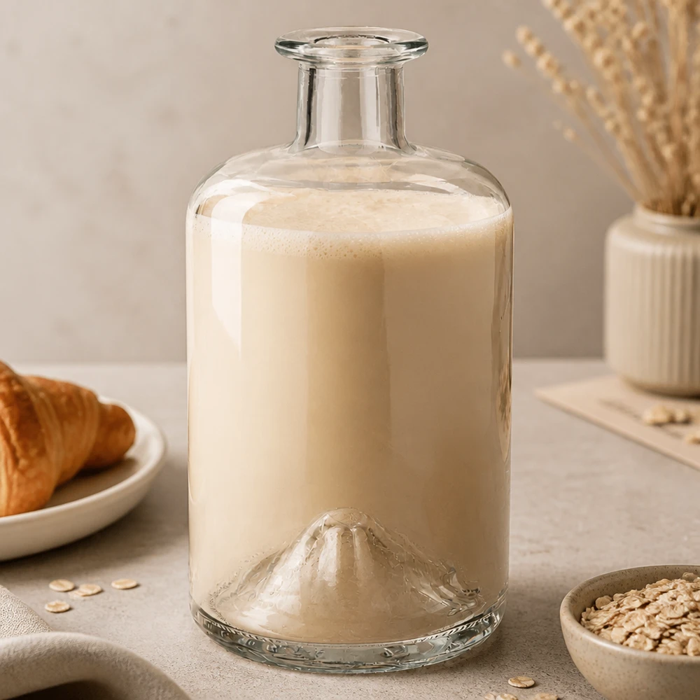 500ml apothekersfles Sofia gevuld met havermelk lifestyle product fotografie keuken glas transparant leeg