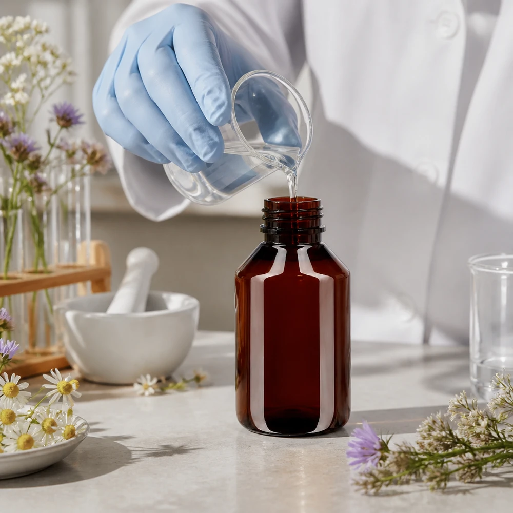 50 ml PET medicijnfles met verstuiver zwart GCMI 28/410 incl. dop transparant, standaard Lichte PET-fles van 50 ml met bruine UV-bescherming en een rode verzegeling