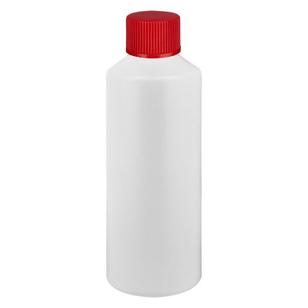 PET cilinderfles 100ml wit met schroefsluiting rood PET cilinderfles 100ml wit met schroefsluiting rood