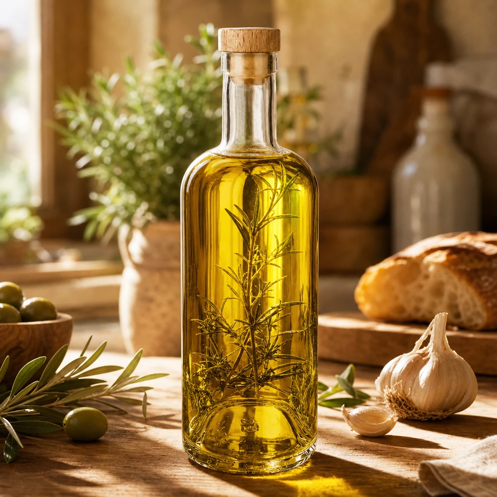 750 ml glazen fles Emma met houten handgreep UNiTWIST® 750ml Glasflasche Emma mit Holzkorken gefüllt mit Kräuteröl Rosmarin in mediterraner Küche mit Oliven Knoblauch Brot