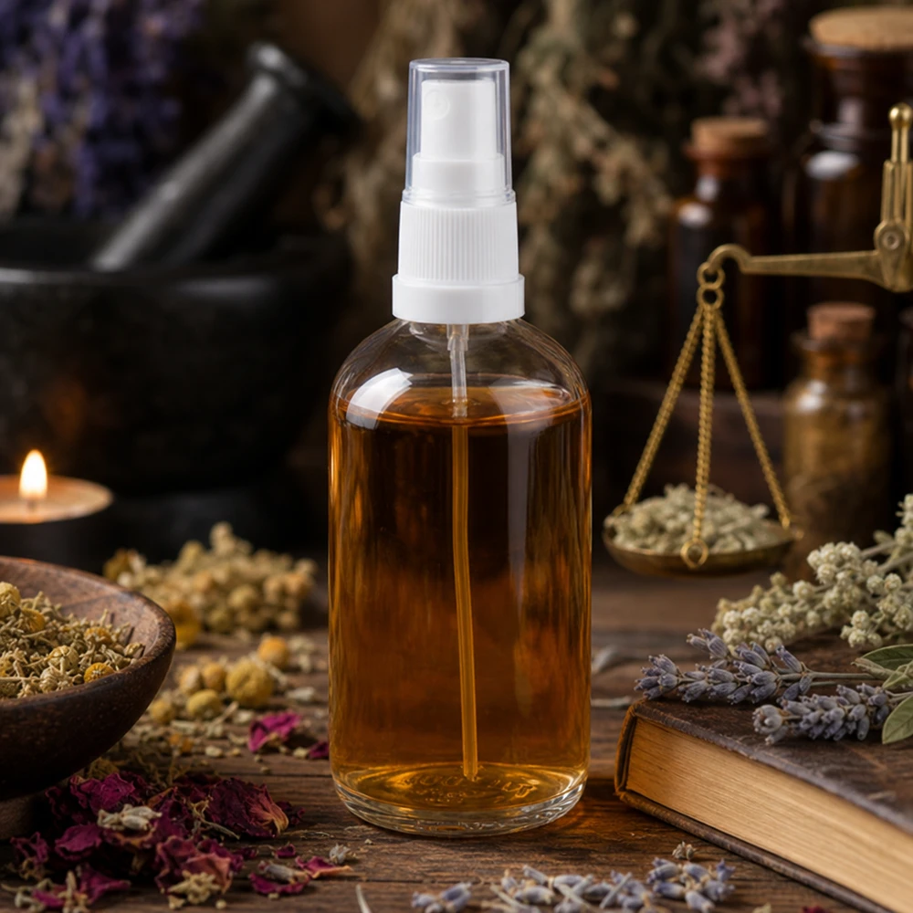 Glazen spuitfles van 100 ml gevuld met etherische olie, witte pompverstuiver van ClearLine