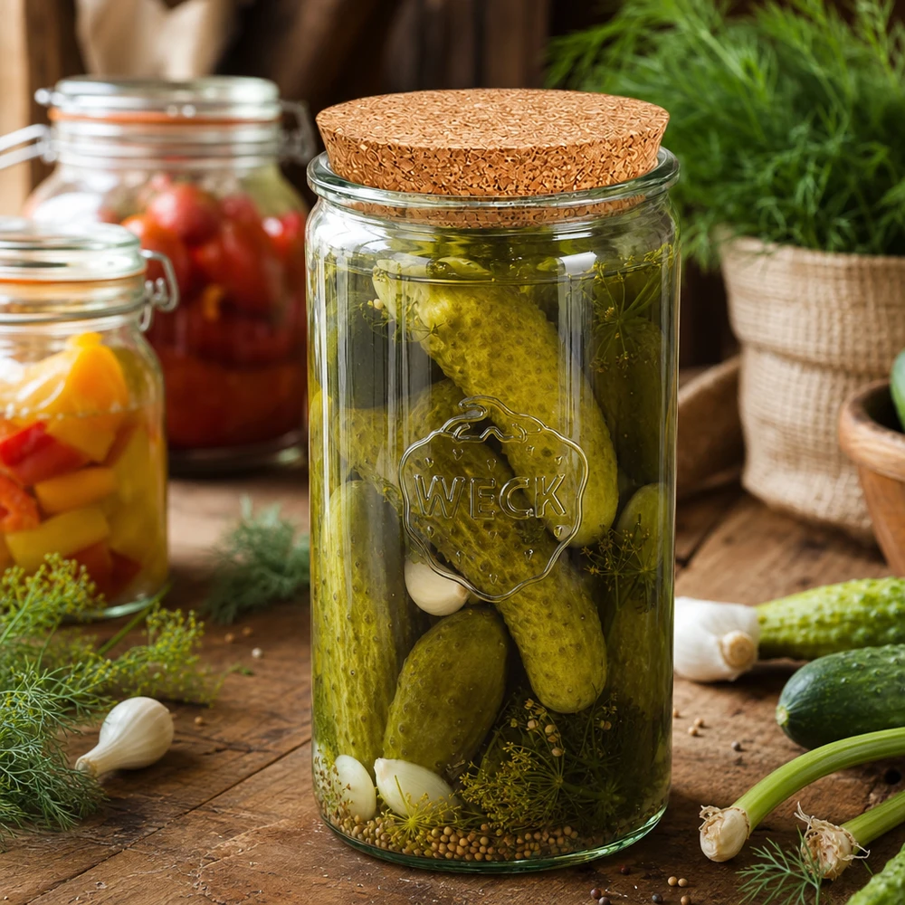 WECK inmaakpot 1590ml met kurken deksel gevuld met ingemaakte augurken en kruiden op een houten tafel
