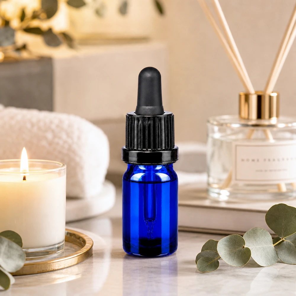 Aromatherapie flesje 5ml van blauw glas met zwarte pipet OV BlueLine UT18/5