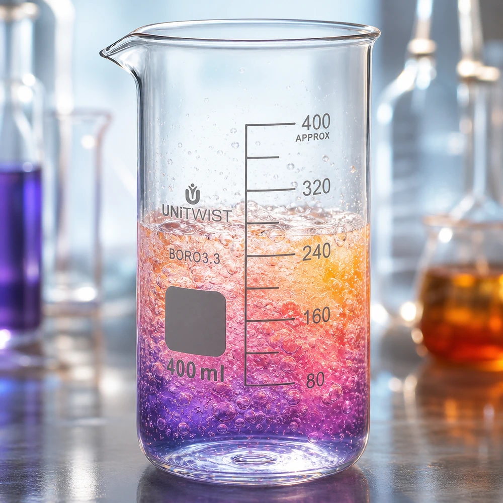 Chemielaboratorium bekerglas UNITWIST 400 ml, borosilicaat, hoge vorm, met paars-oranje reactiemengsel