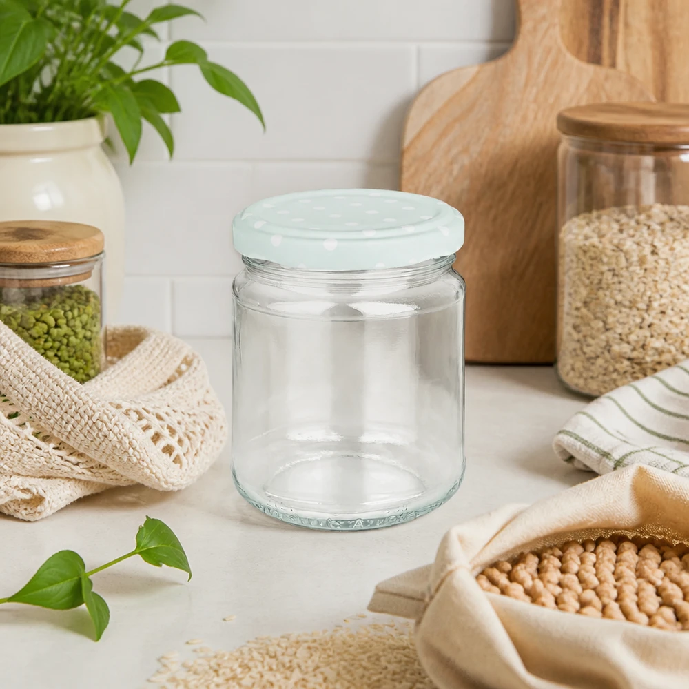 Ronde pot 212 ml + deksel BasicSeal mint stippen UNiTWIST 212ml ronde pot leeg met mint BasicSeal deksel stippen, zero waste keuken met duurzame voorraadpotten en peulvruchten