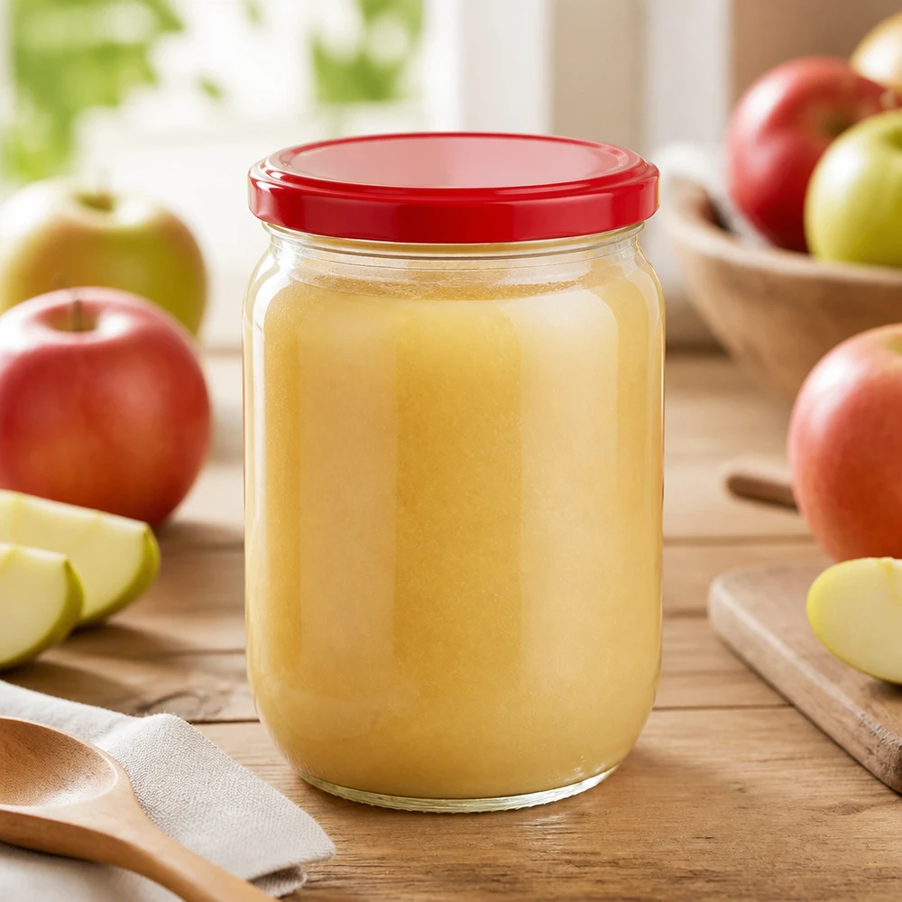 555 ml rond glas + BasicSeal-deksel rood UNiTWIST UNiTWIST-glas van 555 ml met rode deksel, gevuld met gele appelmoes naast appelschijfjes op een snijplank