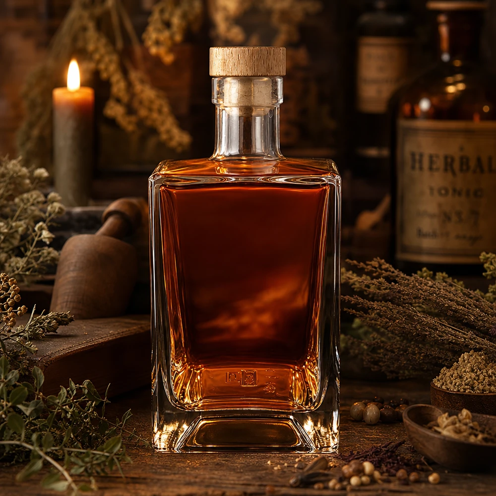 700 ml glazen fles Ben met houten kurk UNiTWIST® 700ml glazen fles Ben gevuld met whisky rustieke kruidenkaars sfeer bruine spiritus houten kurk UNiTWIST