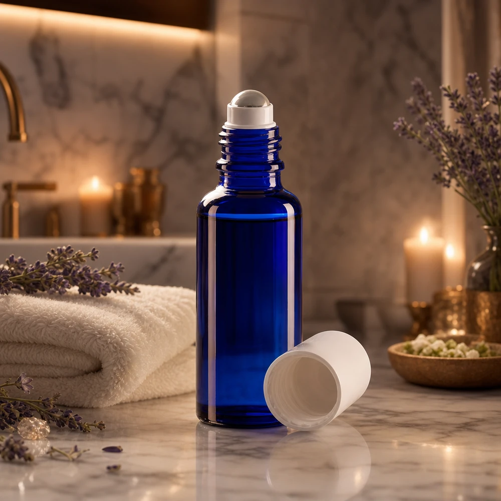 Kobaltblauw glazen rollerflesje van 30 ml met UV-bescherming en een witte standaarddop