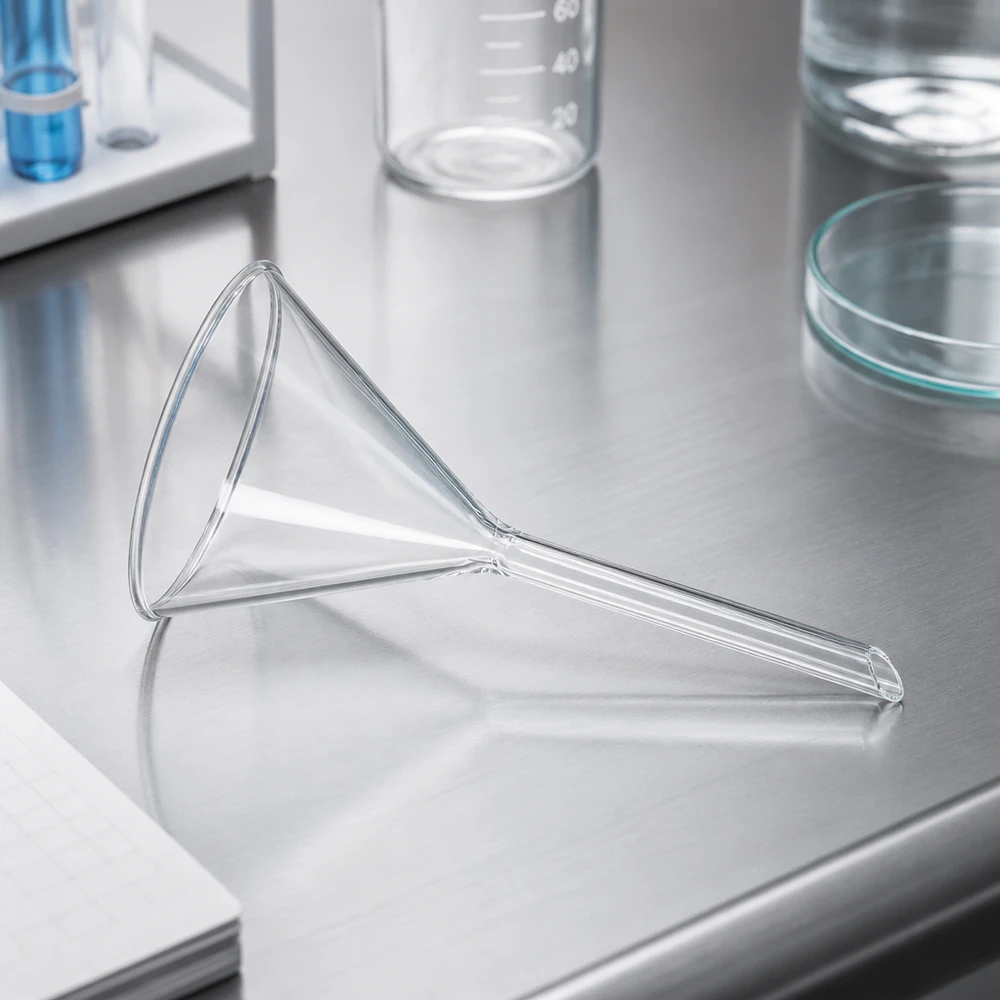Laboratoriumtrechter van kalk-sodaglas met een hoek van 60 graden en een opening van 100 mm voor nauwkeurig overgieten