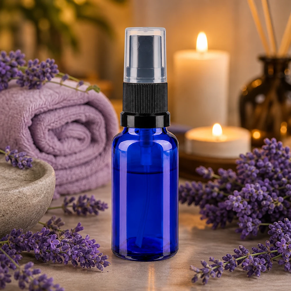 Blauwe glazen flessen 20ml met zwart pompverstuiver Blauw apothekersflesje van 20 ml met fijne verstuiver voor cosmetica, parfum en natuurlijke geneesmiddelen