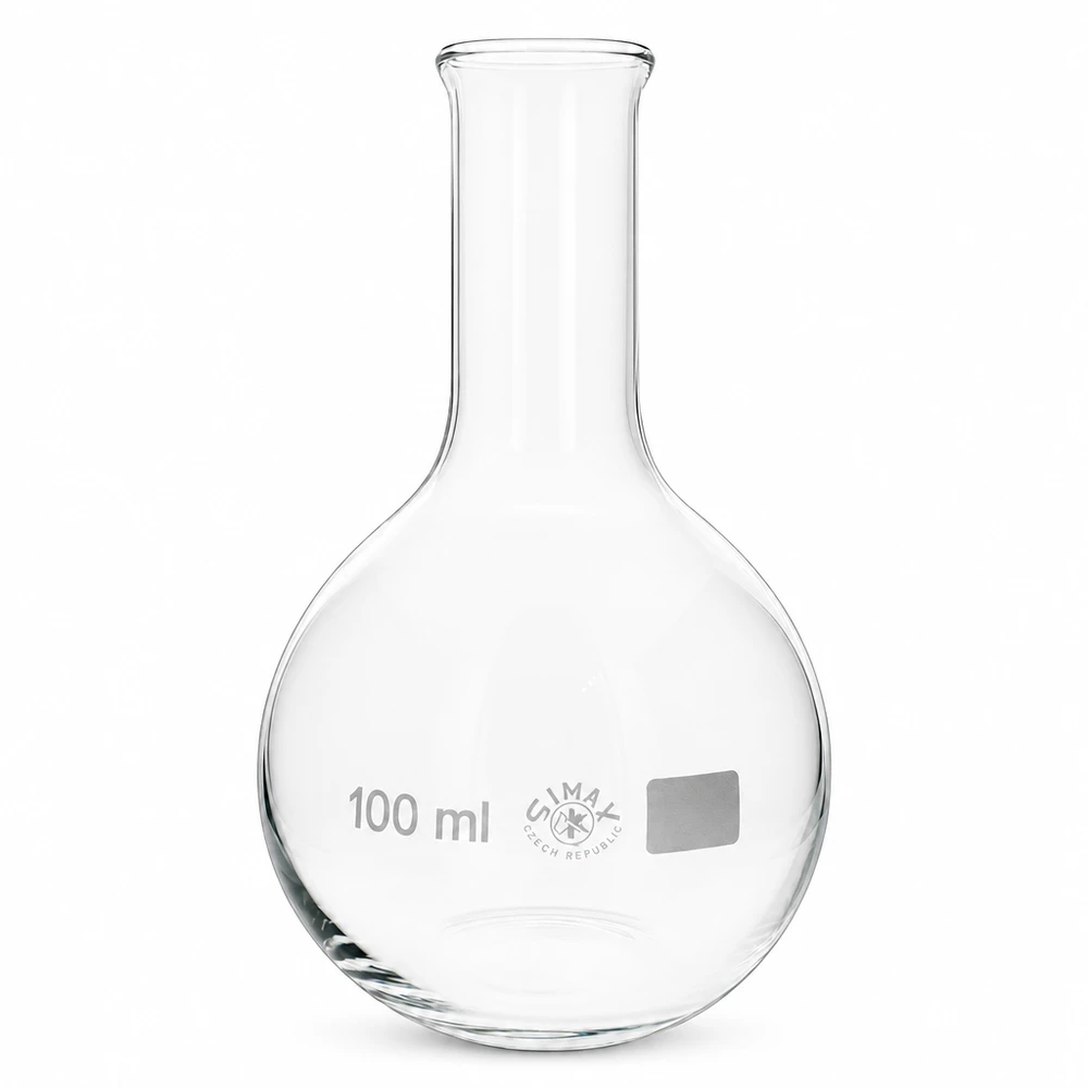 Flaconvorm met een inhoud van 100 ml en smalle tuit gemaakt van robuust laboratoriumglaswerk