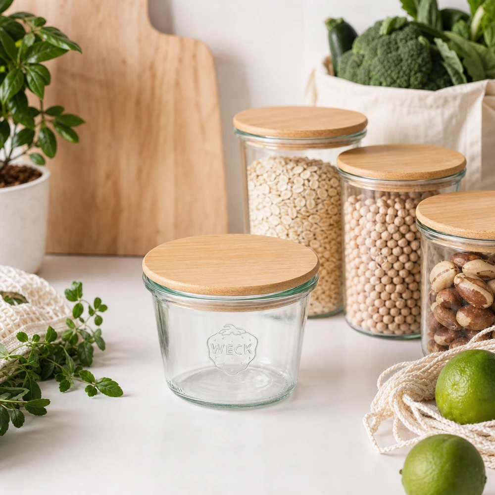 370ml stortglas WECK RR100 met hout deksel WECK RR100 bekers 370ml met bamboe deksel in duurzame keukeninrichting met voorraadpotten en biologische voeding