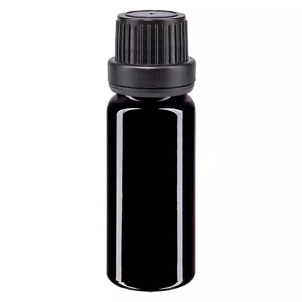Violetglas fles 10ml DIN 18 met druppelsluiting Premium 2 mm zwart, garantiesluiting (OV) Violetglas fles 10ml DIN 18 met druppelsluiting Premium 2 mm zwart, garantiesluiting (OV)