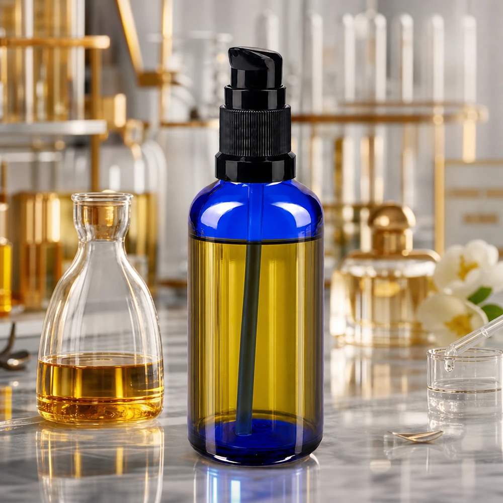Blauw glazen flesje van 50 ml met pompdispenser in een professionele laboratoriumomgeving met gouden accenten