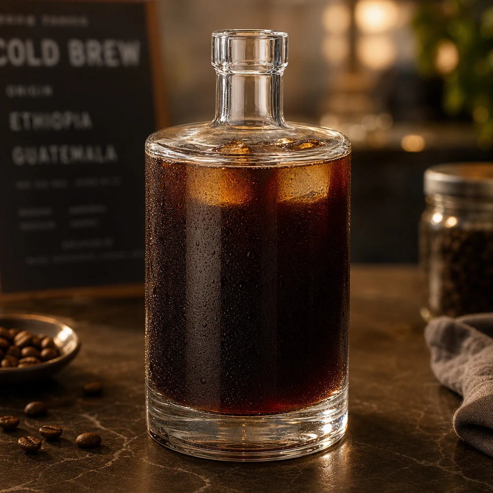 500 ml glazen fles Marie gevuld met cold brew koffie toont geschiktheid voor koude dranken en café sfeer