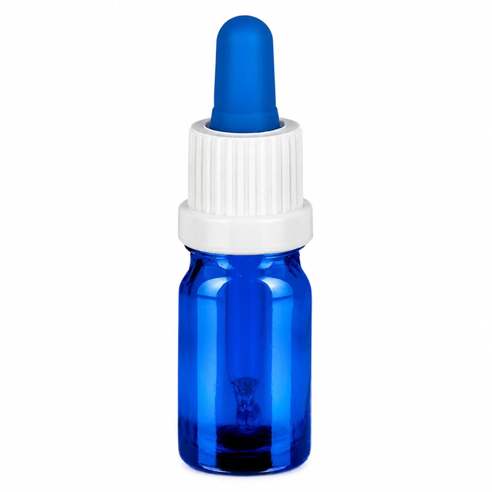 Compact 5ml doseerflesje blauw met witte pipet ideaal voor mobiele toepassingen