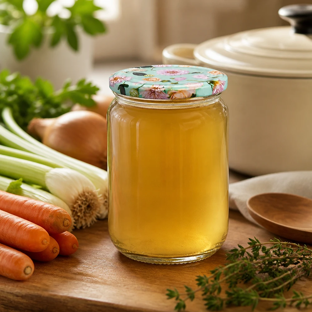 555 ml ronde glazen pot + BasicSeal-deksel met bloemmotief, mint, UNiTWIST 555 ml UNiTWIST-bewaarpot met mintkleurig deksel met bloemmotief, naast verse soepingrediënten en kruiden