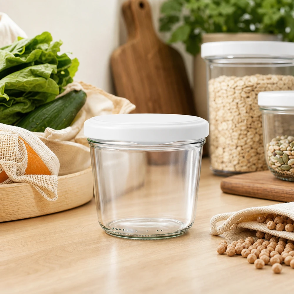 230 ml lege glazen pot met BasicSeal deksel in zero-waste keuken met voorraadpotten en duurzame opbergoplossingen