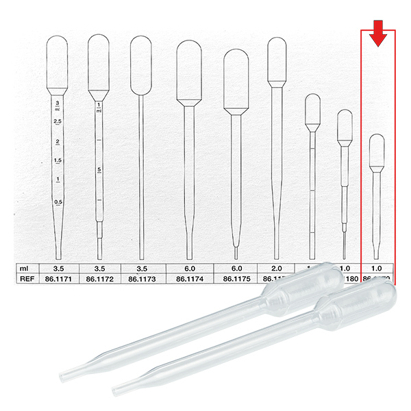 Transferpipet, nominaal volume: 1 ml, (LxB): 87 x 10 mm, Mater Transferpipet, nominaal volume: 1 ml, (LxB): 87 x 10 mm, Mater