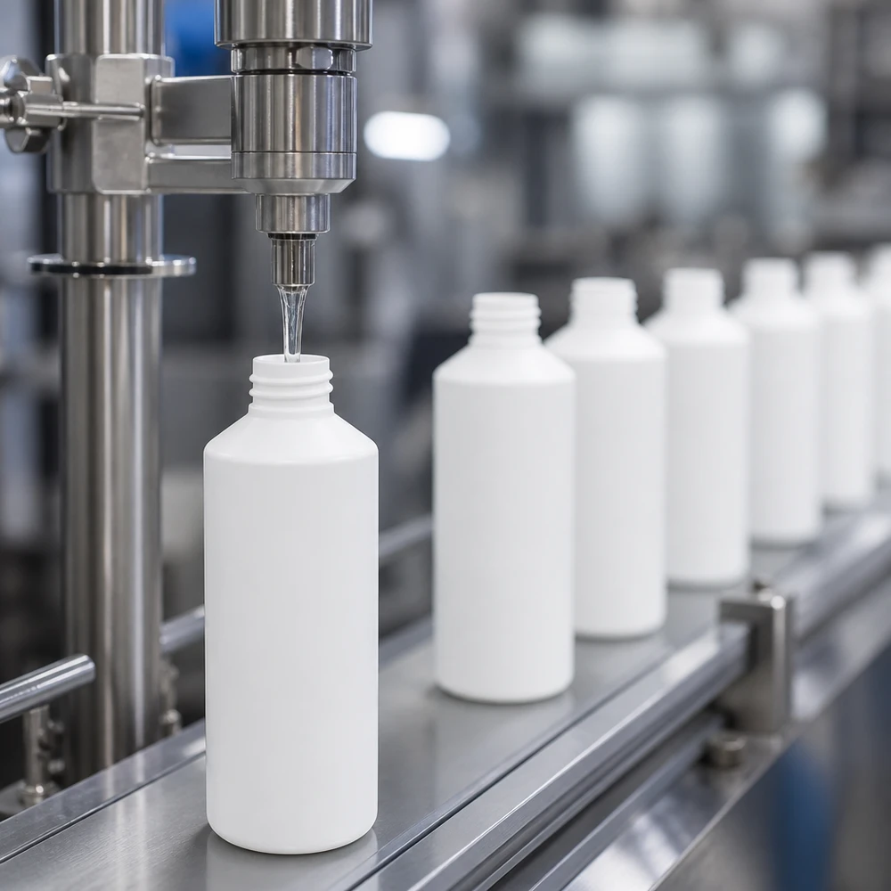 Een voor de farmaceutische industrie geschikte afvulmachine vult witte HDPE-flessen van 100 ml op een transportband