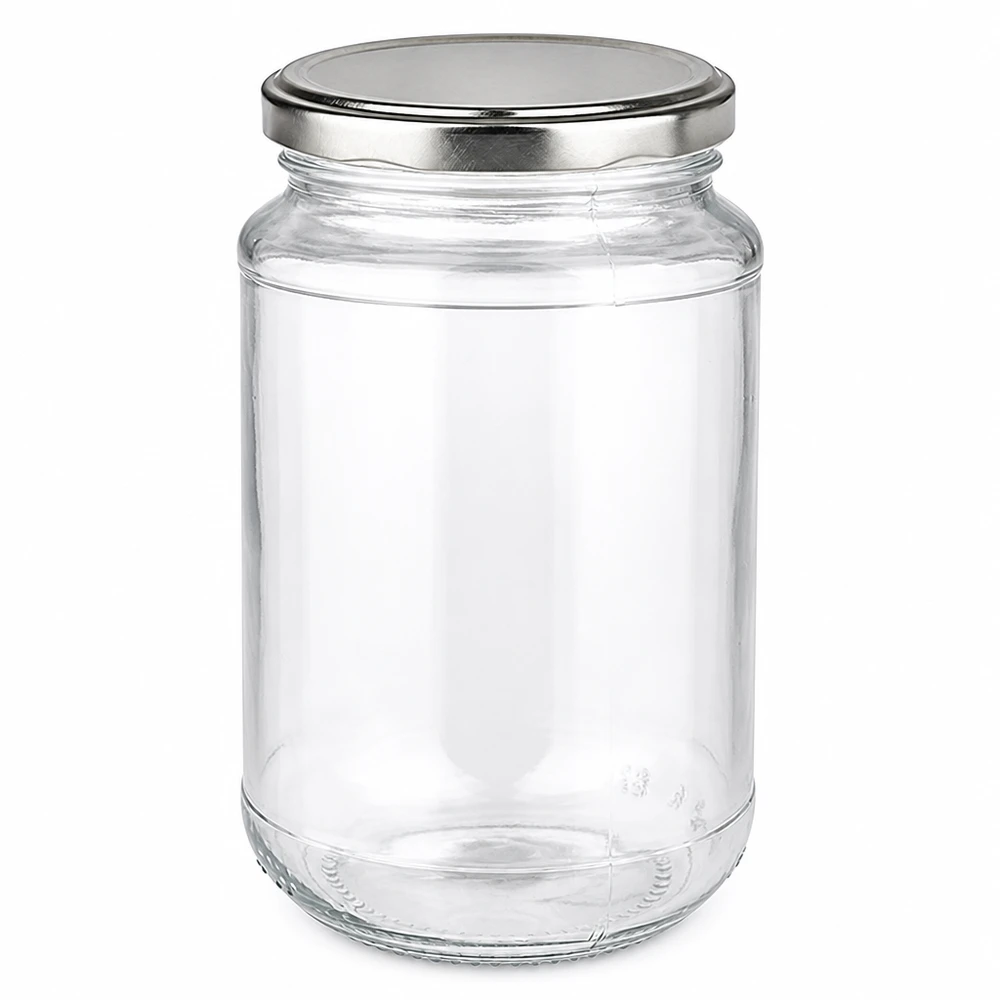 Rond glas van 320 ml + BasicSeal zilver UNiTWIST Glazen conservenpot van 320 ml met luchtdichte BasicSeal-deksel in zilverkleur, geschikt voor het bewaren van levensmiddelen