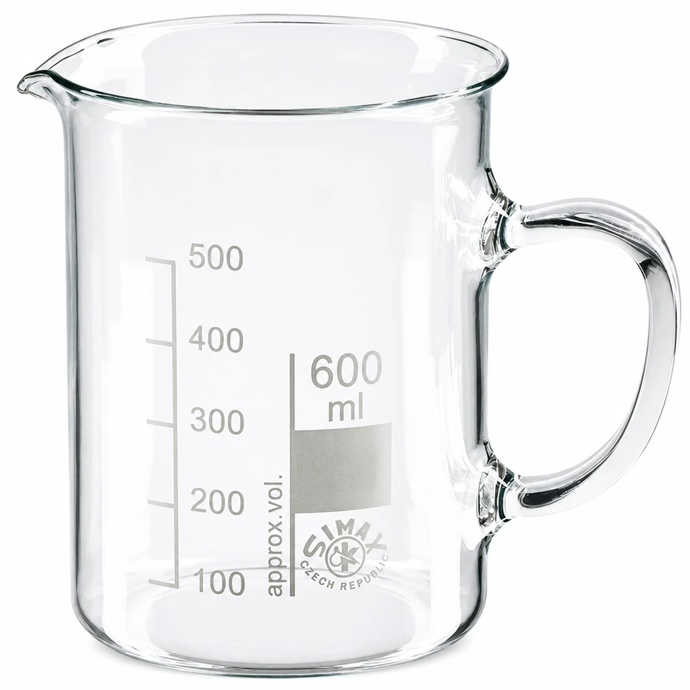 Cilindrische maatbeker van borosilicaatglas, 600 ml, met schenktuit en handvat