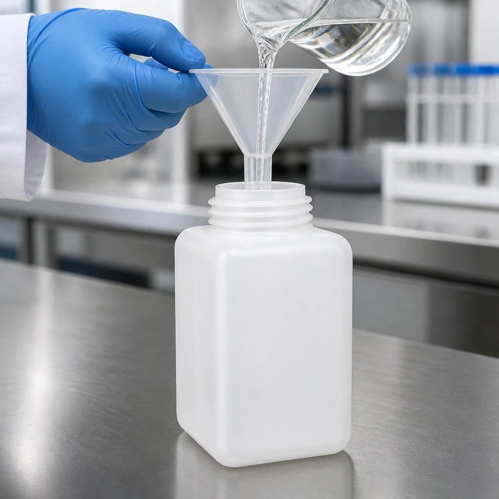 Een doorzichtige kunststof trechter leidt laboratoriumvloeistof naar een witte PE-HD-fles met brede hals van 1 liter