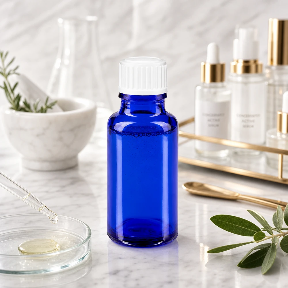 Blauwe apothekersfles van 20 ml met UV-beschermend glas en een witte standaarddop van 11 mm