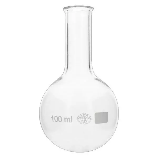 Platbodem kolf 100ml nauwe hals borosilicaat met afgeronde rand