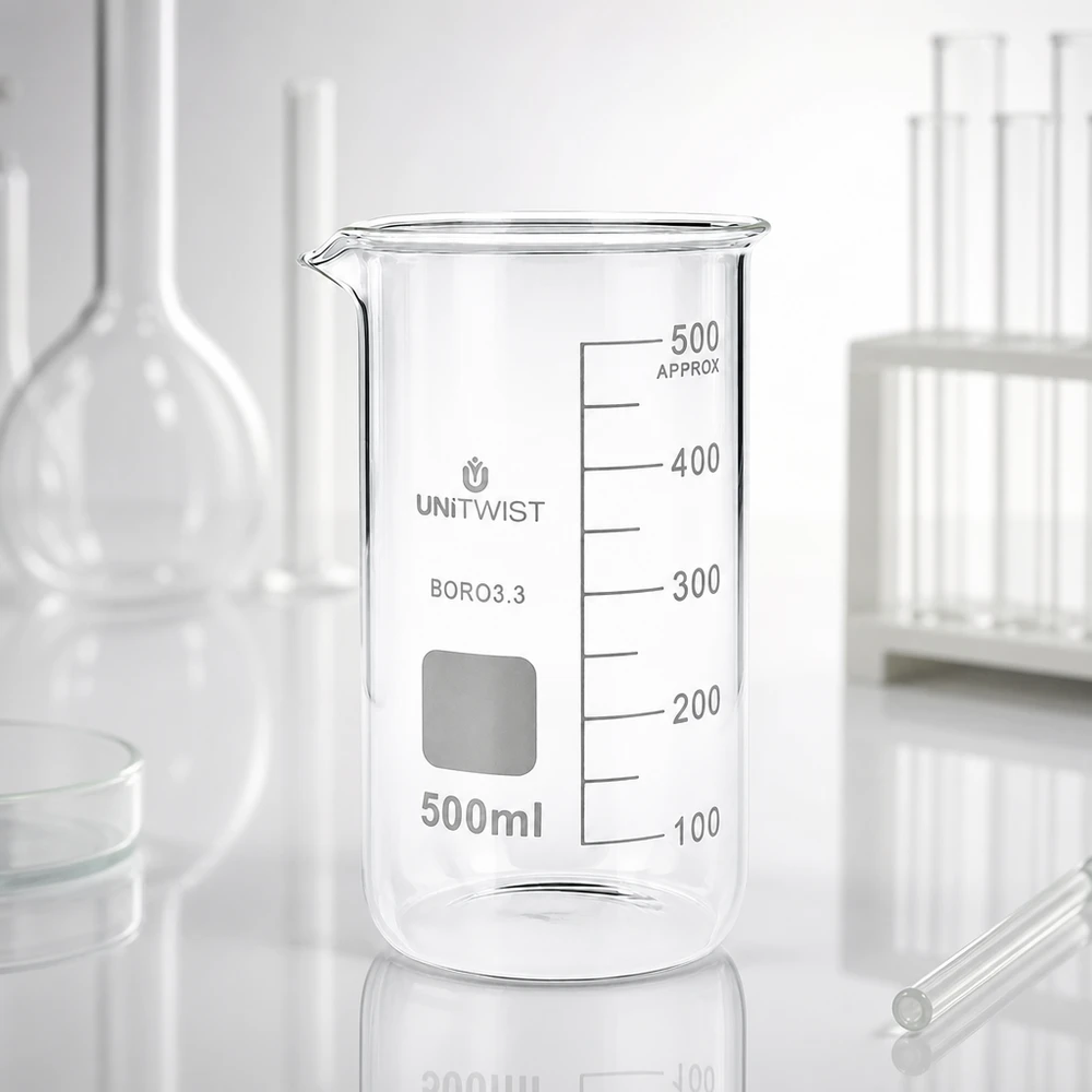Professioneel laboratoriumbekerglas 500 ml UNITWIST, hoge cilindrische vorm, van helder borosilicaatglas