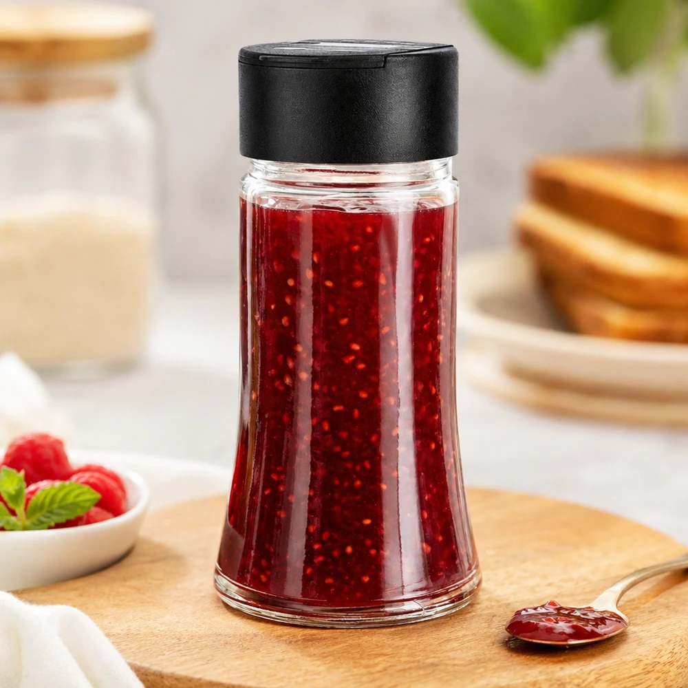 Doorzichtig voorraadpotje van 95 ml met bessenjam, een zwarte deksel en een lepeltje als accessoire