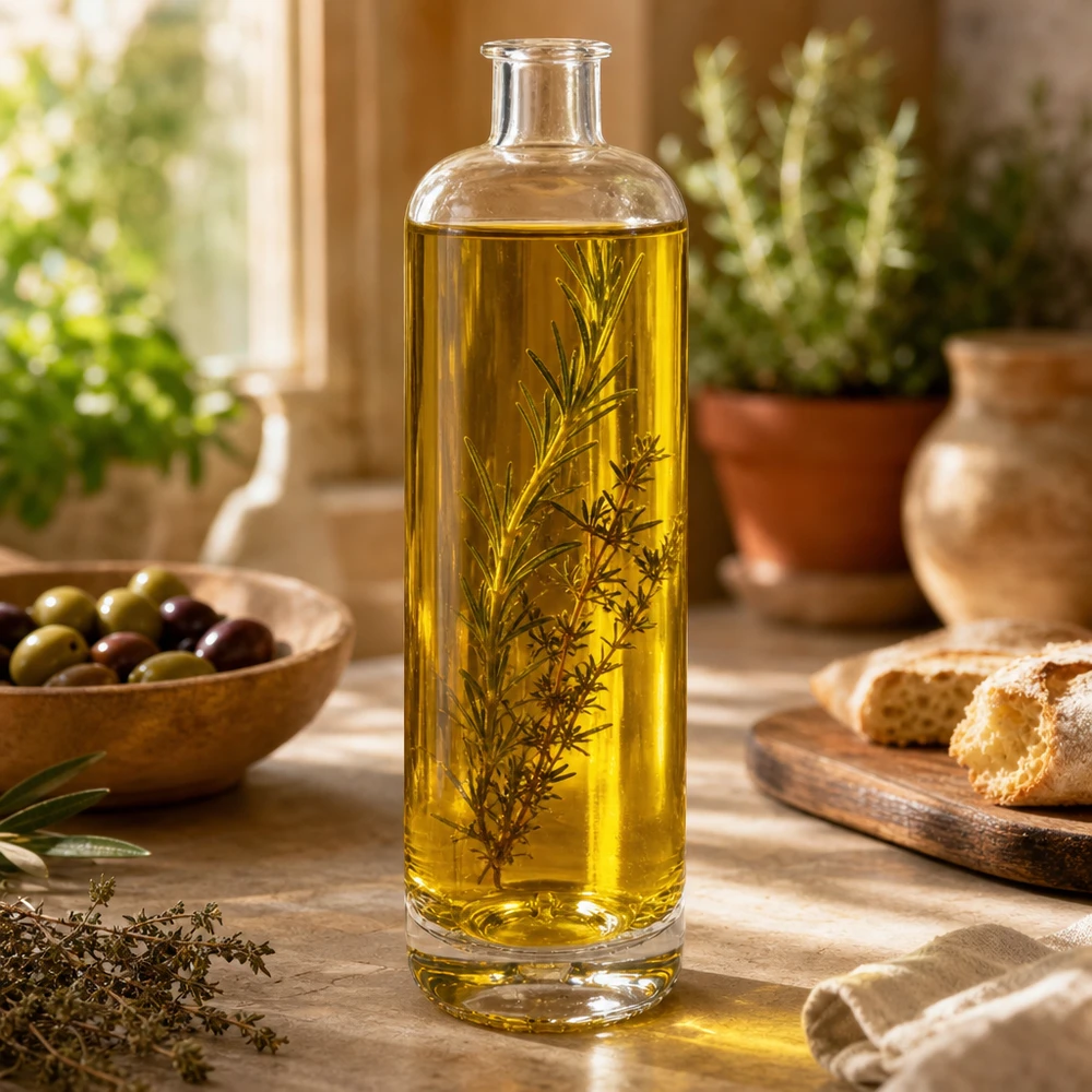 700 ml glazen fles Ella gevuld met kruidenolie op een houten tafel tussen olijfbrood en mediterrane keukendecoraties